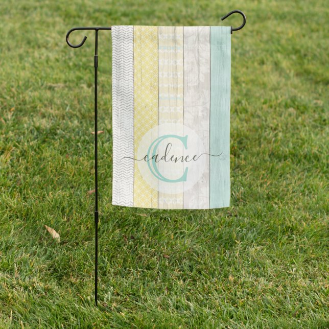 Rustic Mint & Yellow Boho Geo Modern Personalized Garden Flag (In SItu)