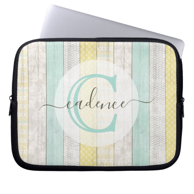 Rustic Mint & Yellow Boho Geo Modern Personalized Laptop Sleeve (Front)