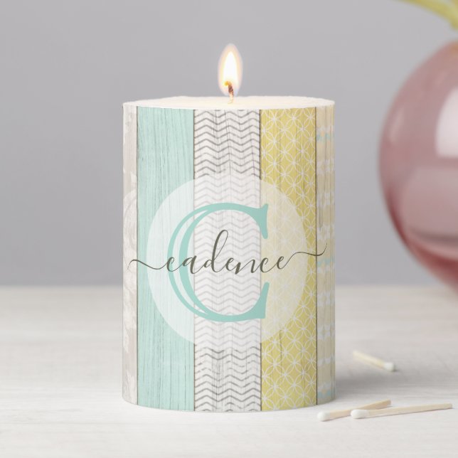 Rustic Mint & Yellow Boho Geo Modern Personalized Pillar Candle (In Situ)