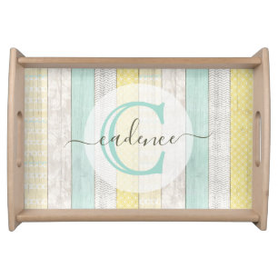 Rustic Mint & Yellow Boho Geo Modern Personalized Serving Tray