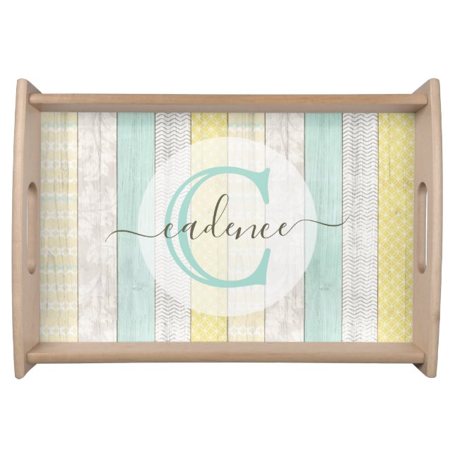 Rustic Mint & Yellow Boho Geo Modern Personalized Serving Tray (Front)