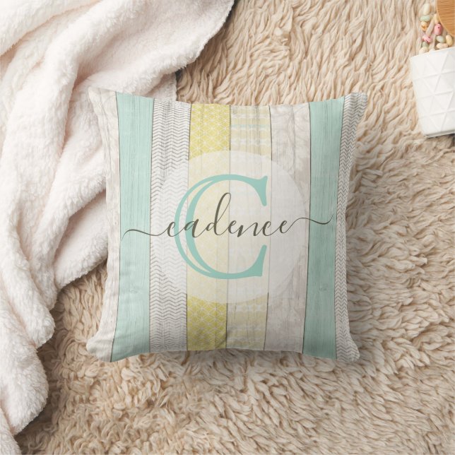 Rustic Mint & Yellow Boho Geo Modern Personalized Throw Pillow (Blanket)