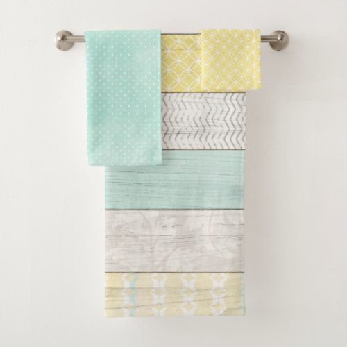 Rustic Mint  Yellow Boho Geometric Modern Cottage Bath Towel Set