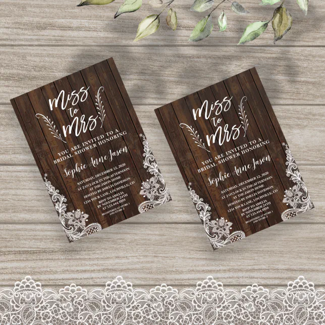 Rustic Miss To Mrs Wood Lace Bridal Shower Invitation | Zazzle