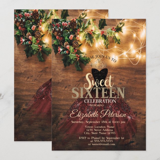 Rustic Mistletoe Lights,Burgundy Dress Sweet 16 Invitation (Front/Back)