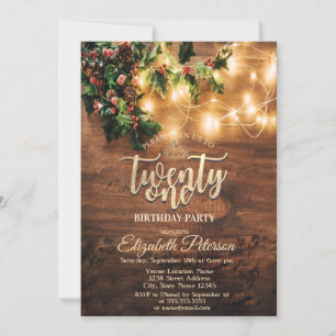 Rustic Mistletoe,String Lights,Wood 21st Birthday Invitation