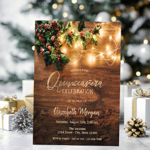 Rustic Mistletoe,String Lights,Wood  Quinceañera Invitation