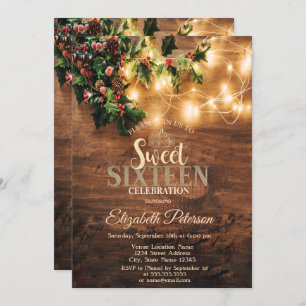 Rustic Mistletoe,String Lights,Wood Sweet 16 Party Invitation