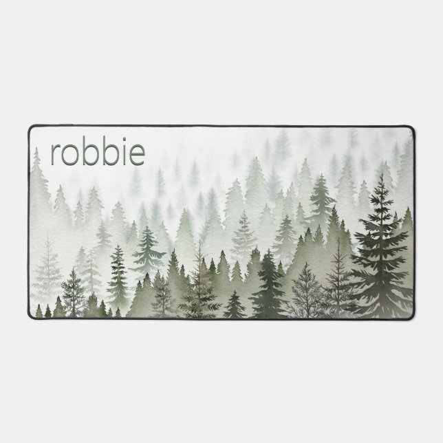 Rustic Misty Forest Green & White Monogram Desk Mat (Front)