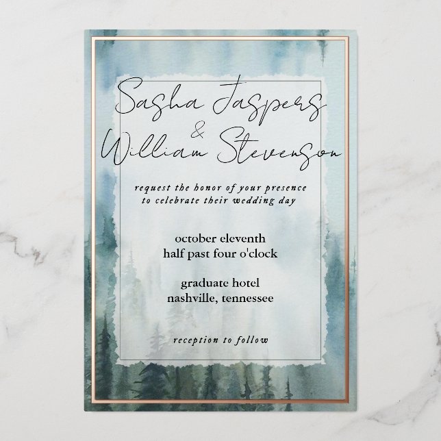 Rustic Misty Forest Wedding Foil Invitation (Front)