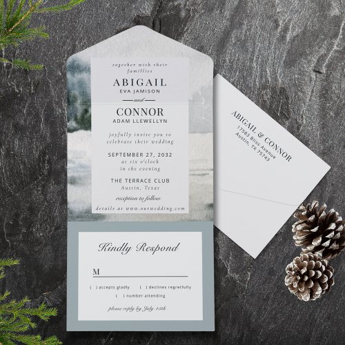 Rustic Misty Mountain Lake Watercolor All In One Invitation