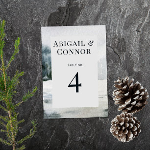 Rustic Misty Mountain Lake Watercolor Table Number