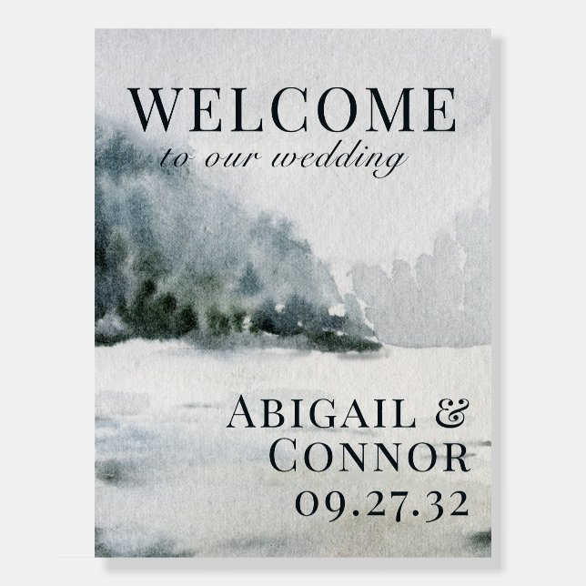 Rustic Misty Mountain Lake Watercolor Welcome Foam Board (Front)