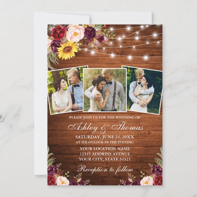 Rustic Mixed Floral 3 Photo Wood Lights Wedding Invitation (Front)