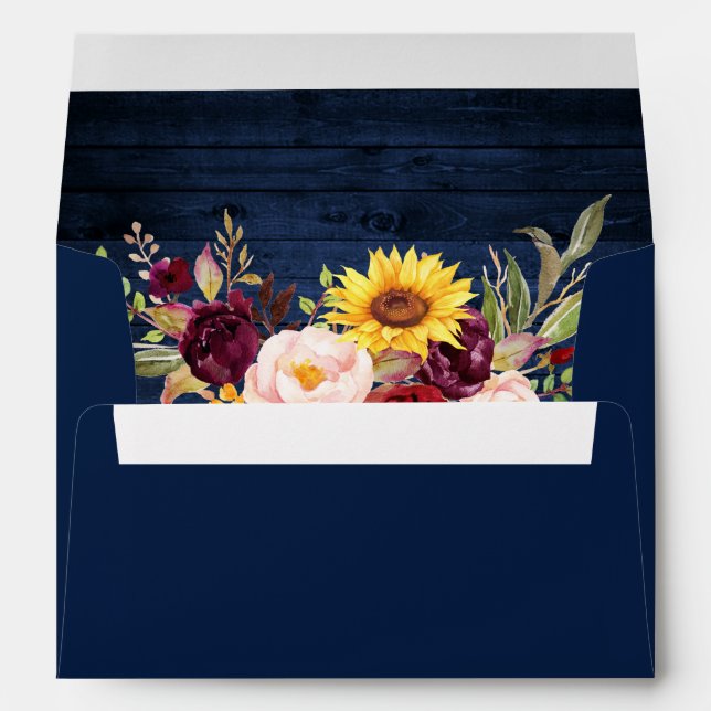 Rustic Mixed Floral Blue Wood Invitation Envelope (Back (Bottom))