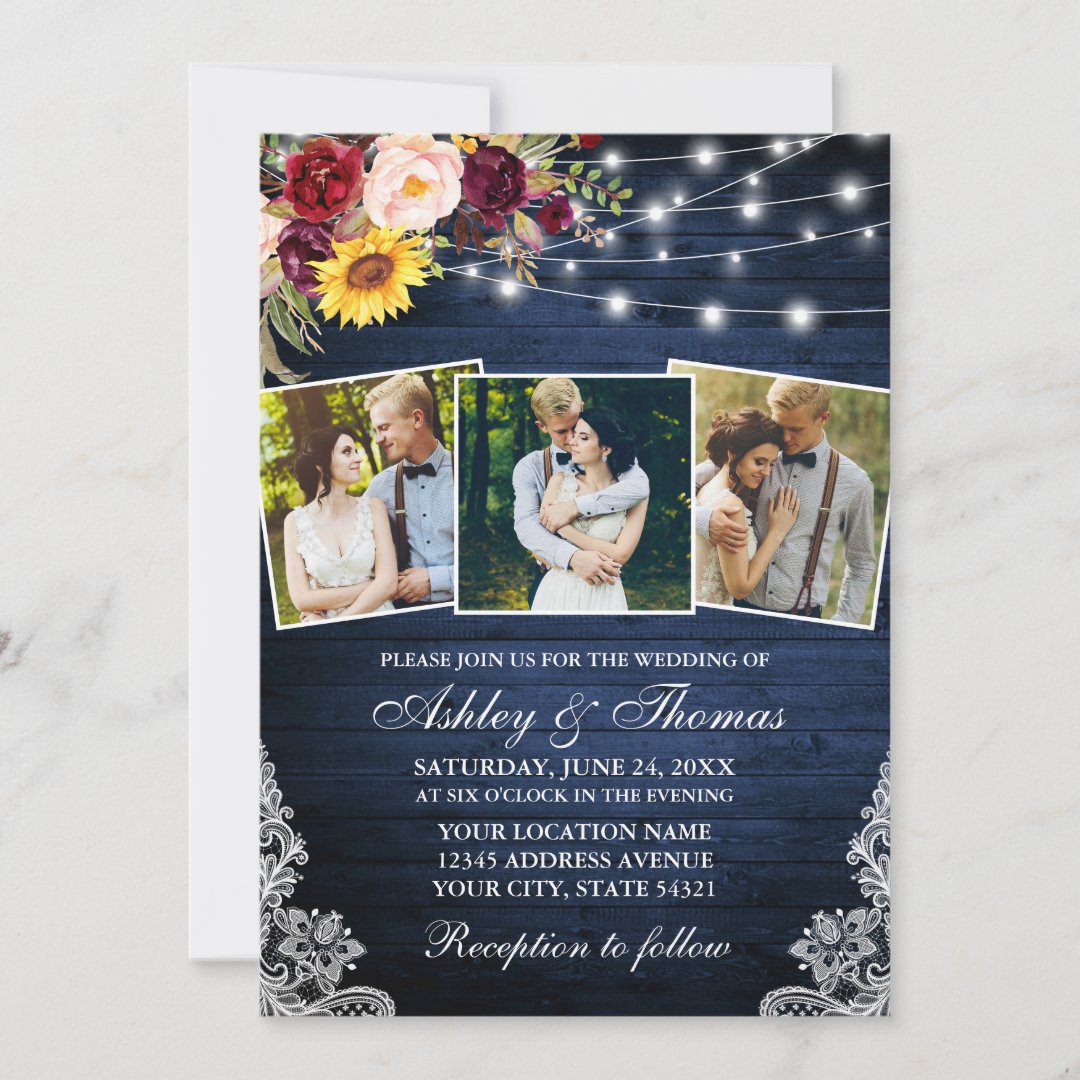 Rustic Mixed Floral Lace Lights 3 Photo Wedding Invitation Zazzle