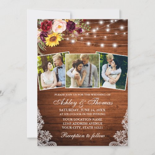 Rustic Mixed Floral Lights Lace 3 Photo Wedding Invitation