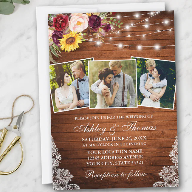 Rustic Mixed Floral Lights Lace 3 Photo Wedding Invitation | Zazzle