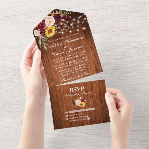 Rustic Mixed Floral Wood String Lights Wedding All In One Invitation