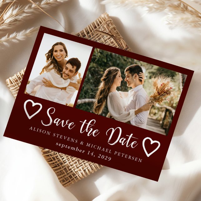Rustic modern 2 photo burgundy wedding  save the date (Creator Uploaded)