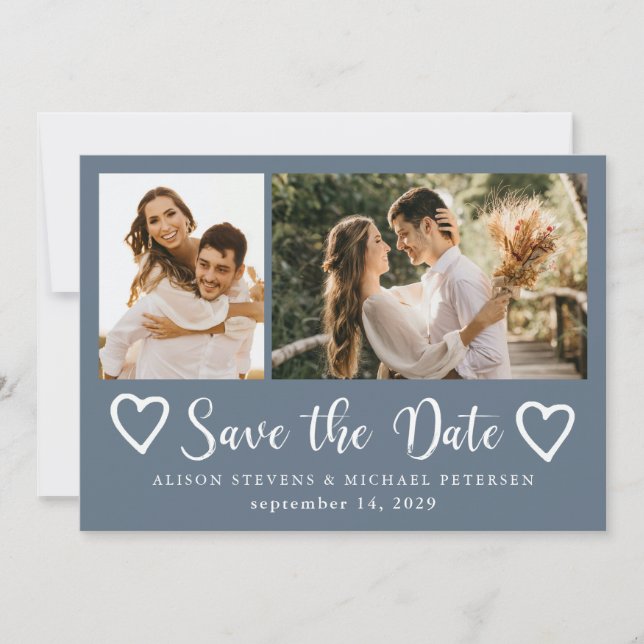 Rustic modern 2 photo dusty blue wedding  save the date (Front)