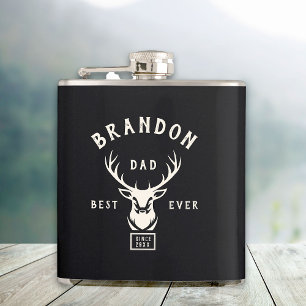Rustic Modern BEST DAD EVER Custom Name Deer Black Flask