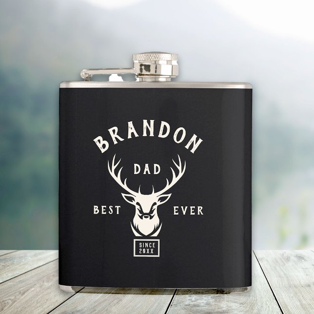 Rustic Modern BEST DAD EVER Custom Name Deer Black Flask (Creator Uploaded)