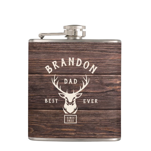 Rustic Modern BEST DAD EVER Custom Name Deer Wood Flask (Front)
