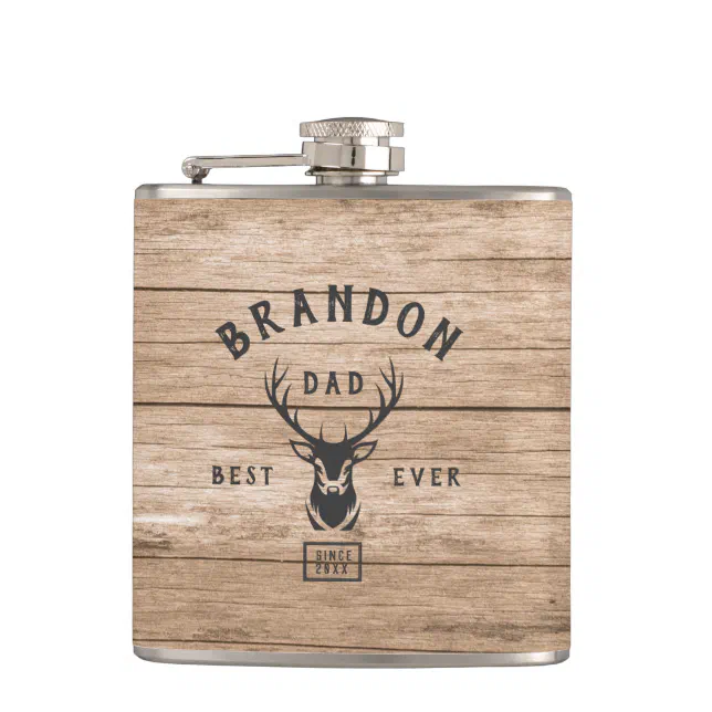 Rustic Modern BEST DAD EVER Custom Name Year Wood Flask | Zazzle