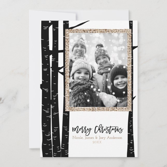 Rustic Modern Black Birch & Burlap Holiday Photo (Front)