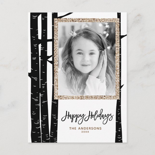 Rustic Modern Black Birch & Burlap Holiday Photo (Front)