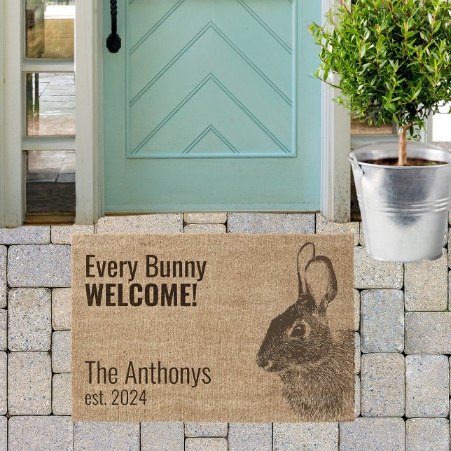 Rustic Modern Black Bunny Rabbit Outdoor Mat (Bunny front door mat greets guests with your custom text and name is perfect all year long!)