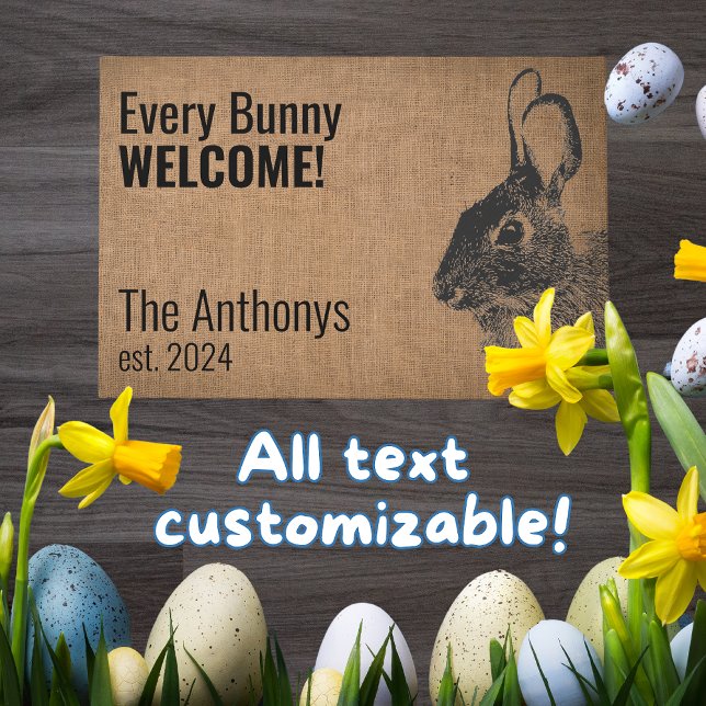 Rustic Modern Black Bunny Rabbit Welcome Mat (Bunny entryway mat greets guests with your custom text and name is perfect all year long!)