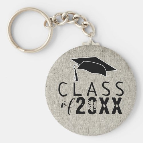 Rustic Modern Black Typography Class of Graduation Keychain - Rustic Modern Black Typography Class of Graduation keychain. Beige rustic background and trendy black typography. Black graduation cap. Customize with the year number. Make a great gift and keepsake for a graduate.