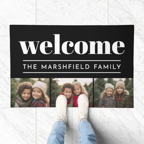 Rustic Modern Black White 3 Photo _ Family Welcome Doormat