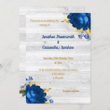 RUSTIC MODERN BLUE FLORAL GOLD WHITE WEDDING INVITATION