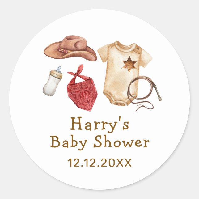 Rustic Modern Boho Western Cowboy Baby Shower  Classic Round Sticker (Front)