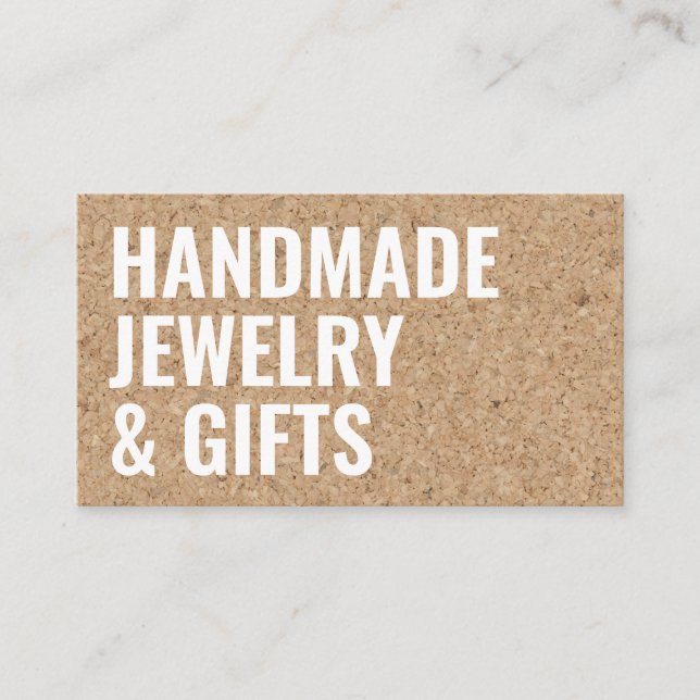 Rustic modern brown cork handmade white bold font business card (Front)