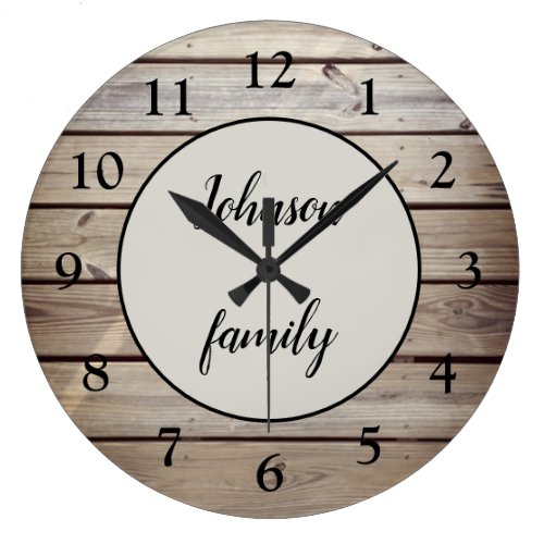Rustic Modern Brown Wood Family Name Large Clock