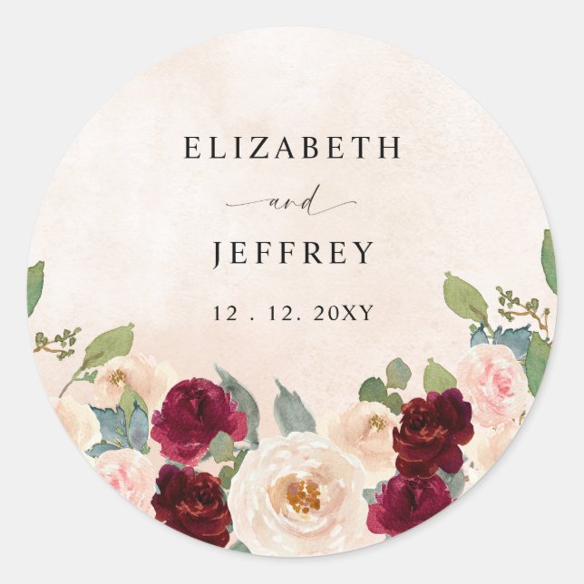 Rustic Modern Burgundy Peach Floral Fall Wedding Classic Round Sticker (Front)