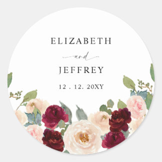 Rustic Modern Burgundy Peach Floral Fall Wedding Classic Round Sticker