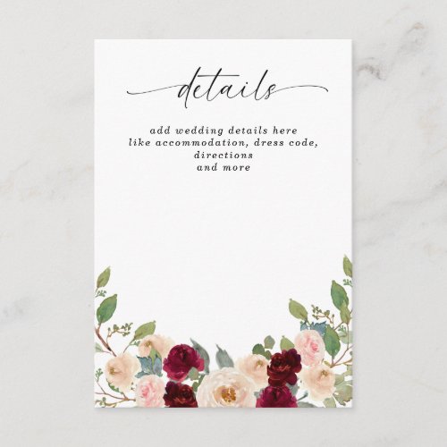 Rustic Modern Burgundy Peach Floral Fall Wedding Enclosure Card