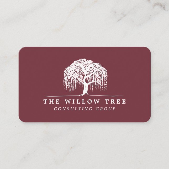 Rustic Modern Burgundy & White Willow Tree Logo Business Card (Front)