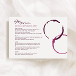 Rustic Modern Burgundy Wine Stain Rings Wedding Menu<br><div class="desc">Rustic modern burgundy red wine glass stain menu card design includes custom text for the event date,  menu,  and wine pairing information.</div>