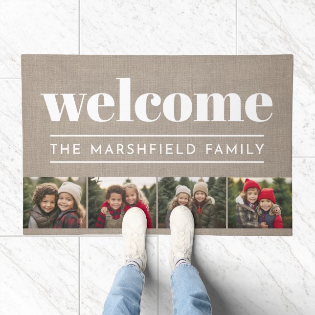 Rustic Modern Burlap - 4 Photo - Family Welcome Doormat (Indoor)