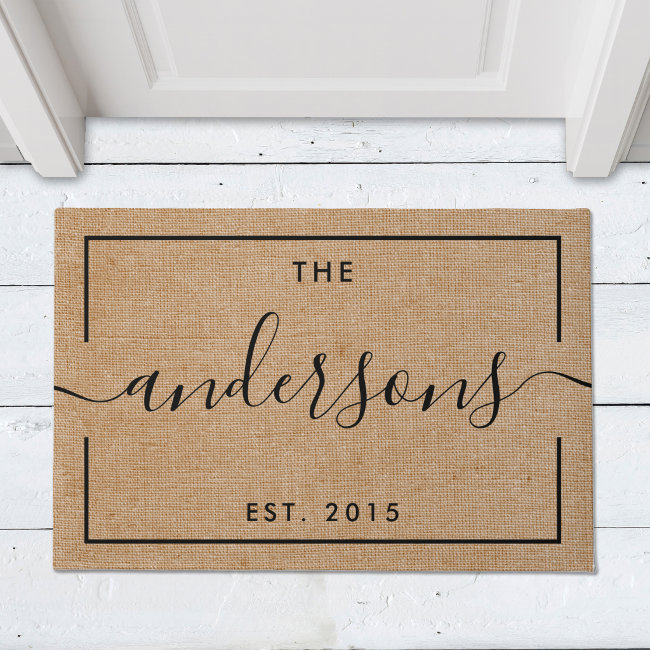 Rustic Modern Calligraphy Family Name Monogram Doormat