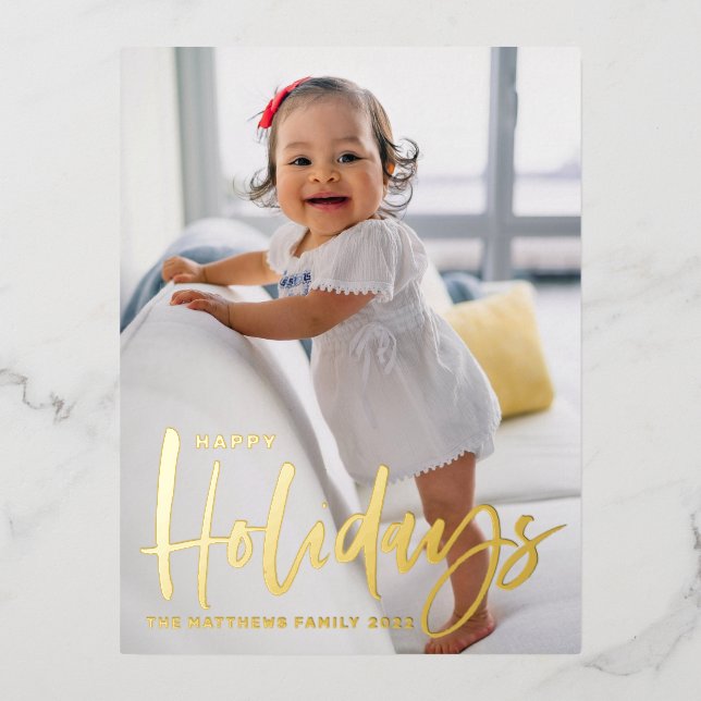 Rustic Modern Calligraphy Happy Holidays Photo Foil Holiday Postcard (Front)