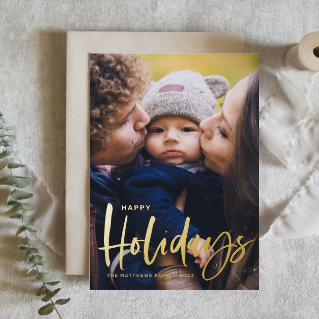 Rustic Modern Calligraphy Photo Happy Holidays Foil Holiday Card (Creator Uploaded)