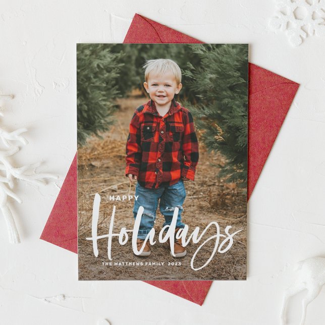 Rustic Modern Calligraphy Photo Happy Holidays Holiday Card (Creator Uploaded)