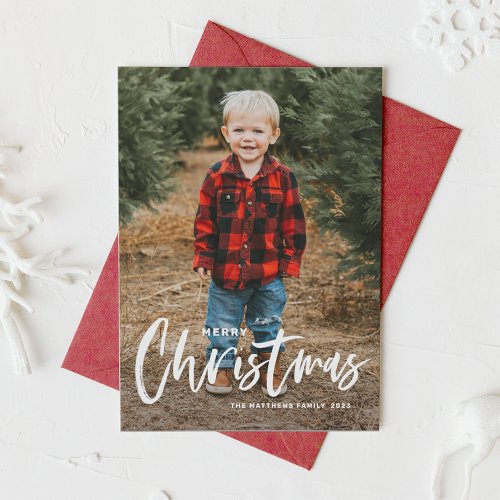 Rustic Modern Calligraphy Photo Merry Christmas Holiday Card
